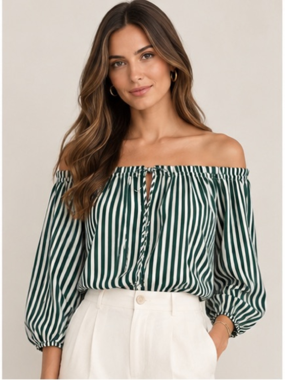 H&M Green and White Striped Off-Shoulder Blouse